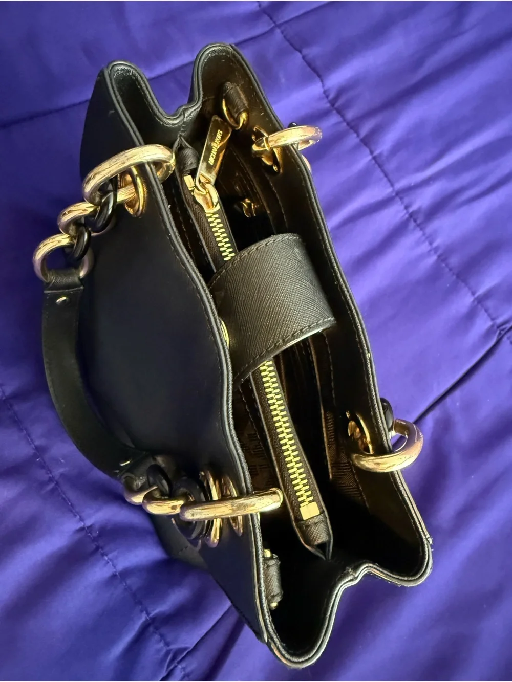 Michael Kors Black Saffiano Satchel with Gold Chain Accents